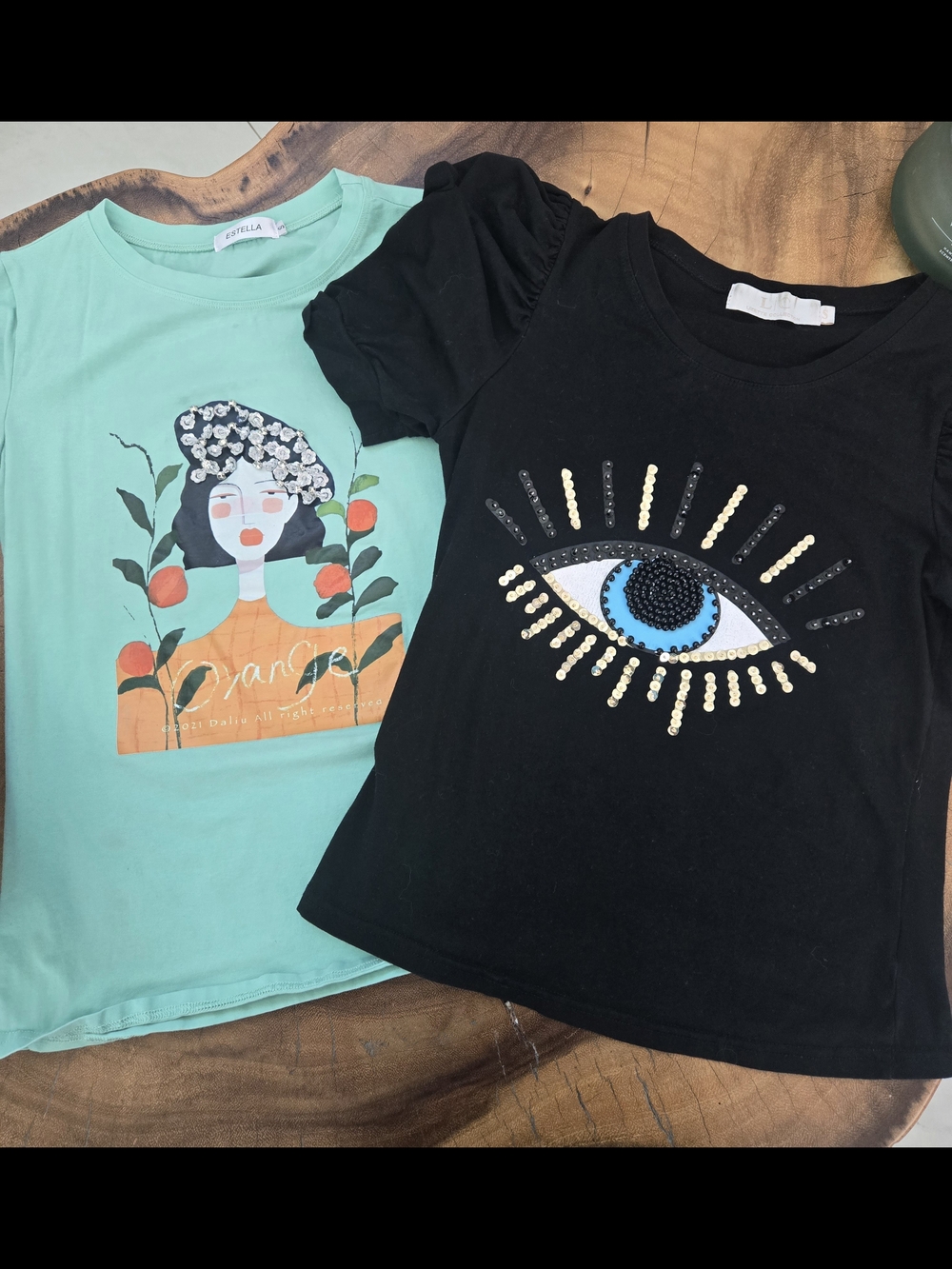 2 Blouses Stellah Black Short Sleeve Tee with Blue & Gold Sequin Eye & Ms Blouse